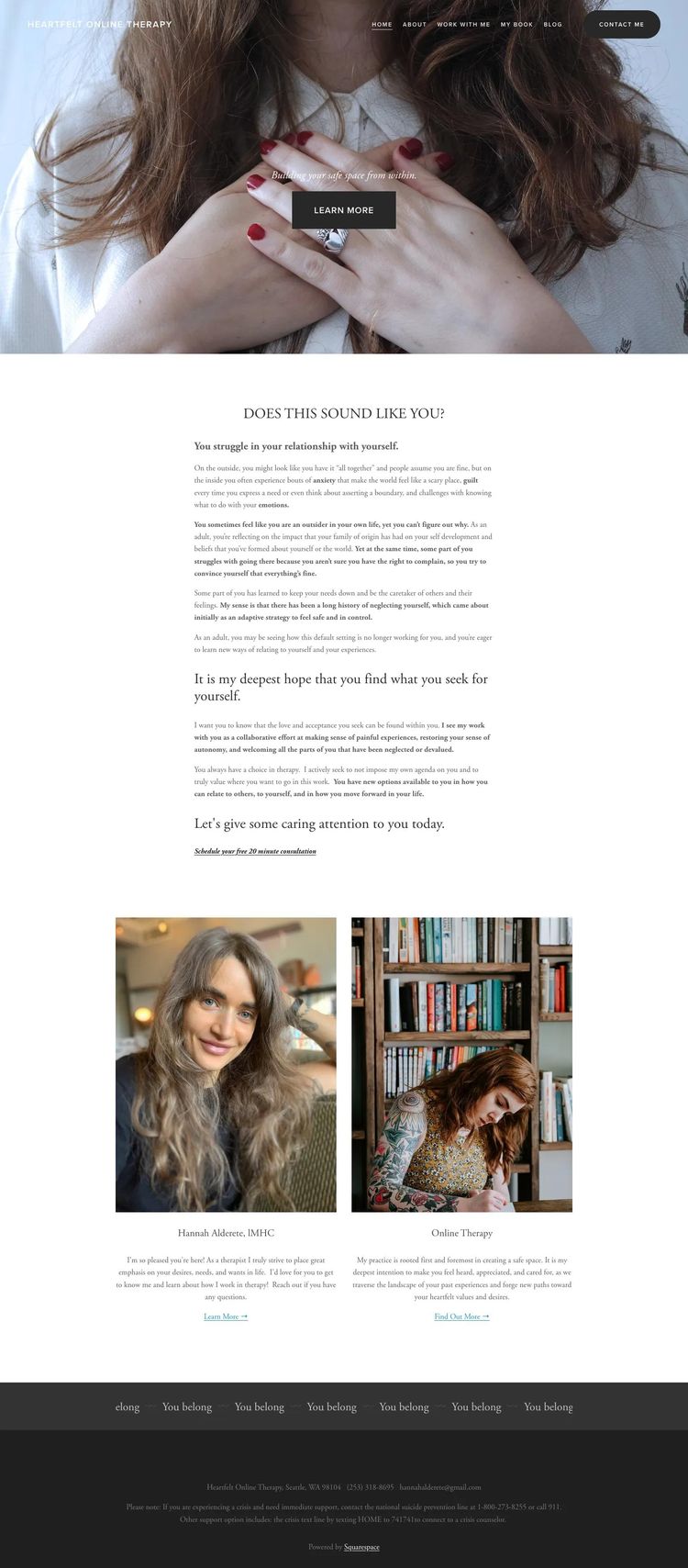 Screenshot 1 of Heartfelt Online Therapy (Example Squarespace Therapist Website)