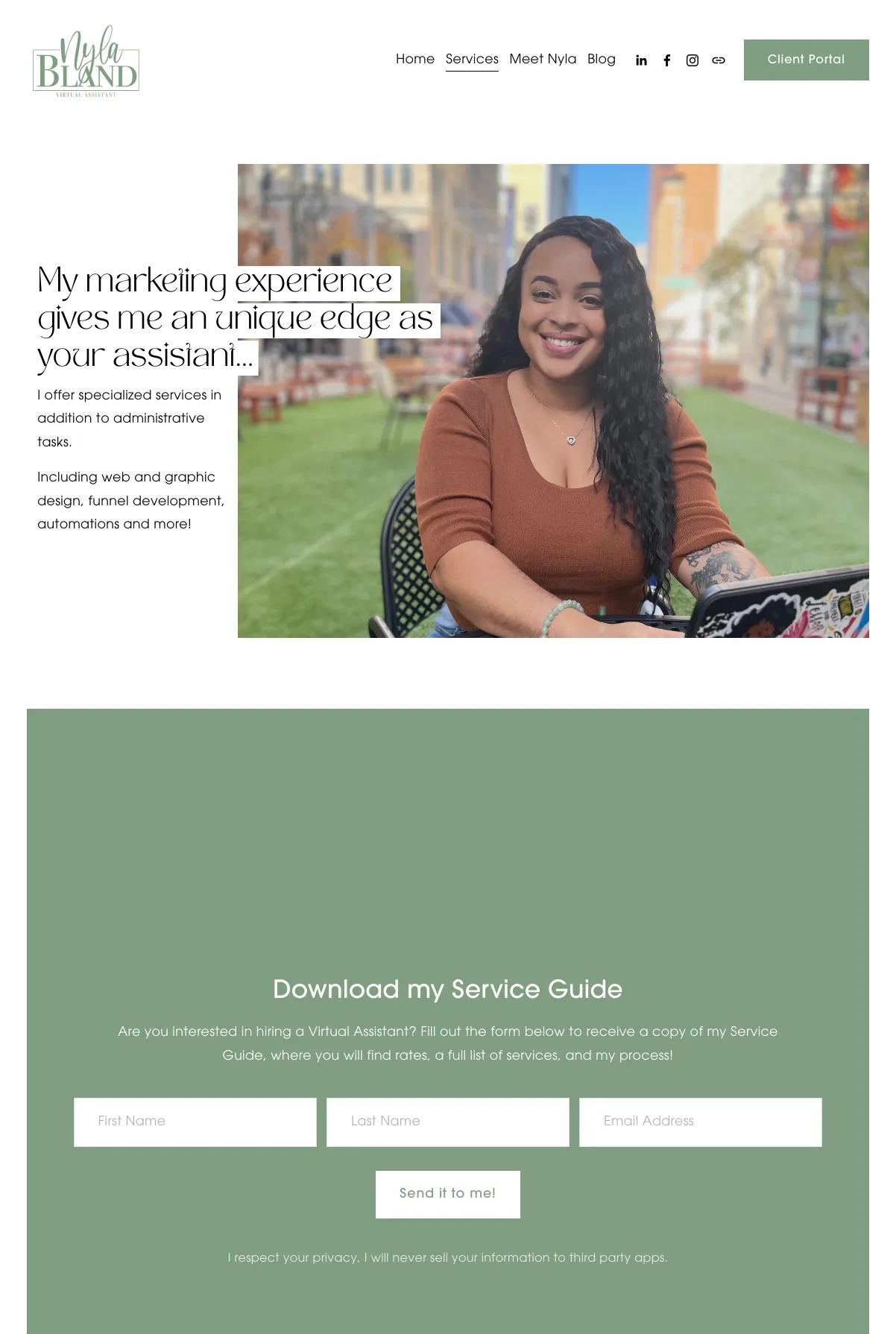 Screenshot 2 of Nyla Bland (Example Squarespace Virtual Assistant Website)