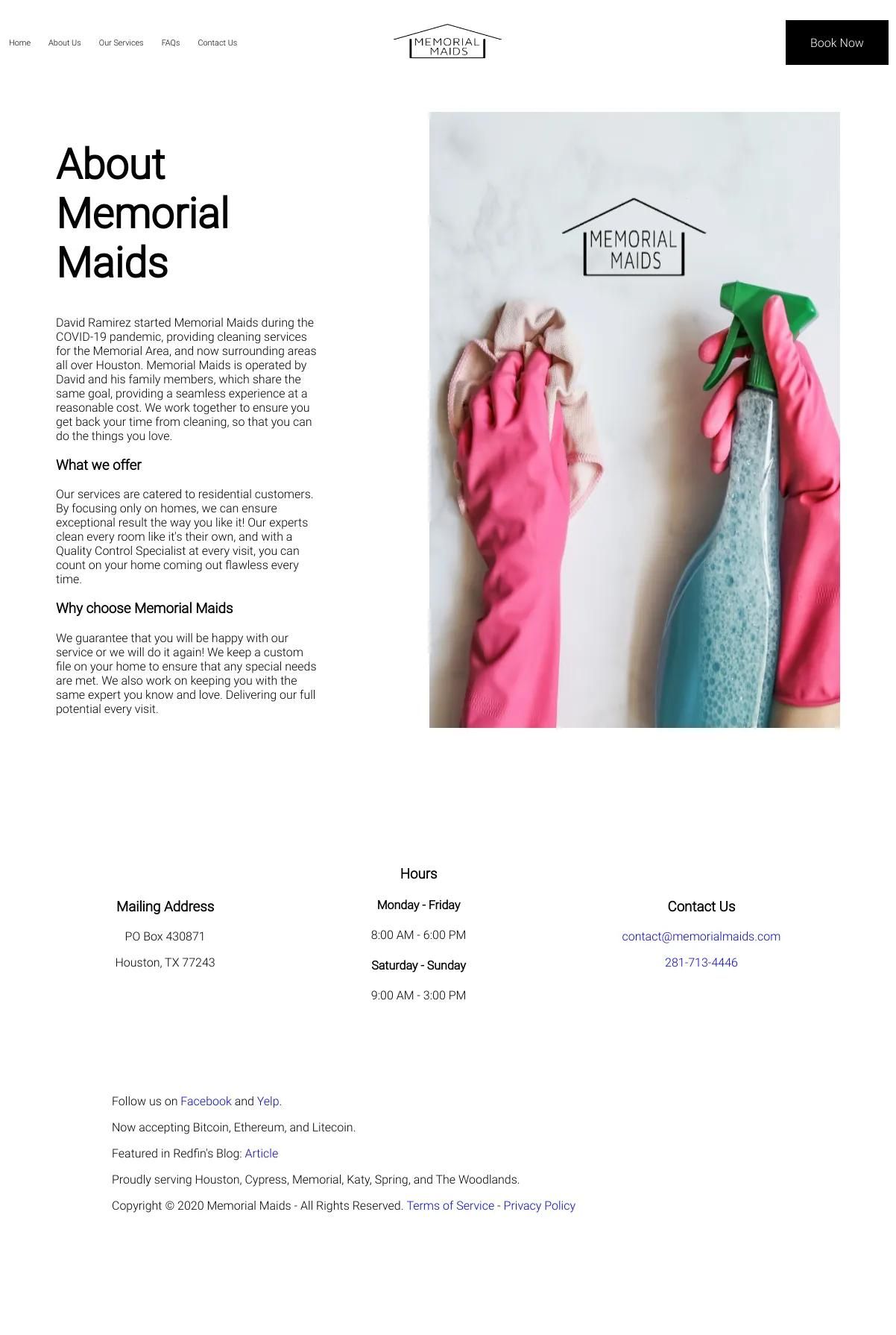 Screenshot 2 of Memorial Maids (Example Squarespace Cleaning Services Website)