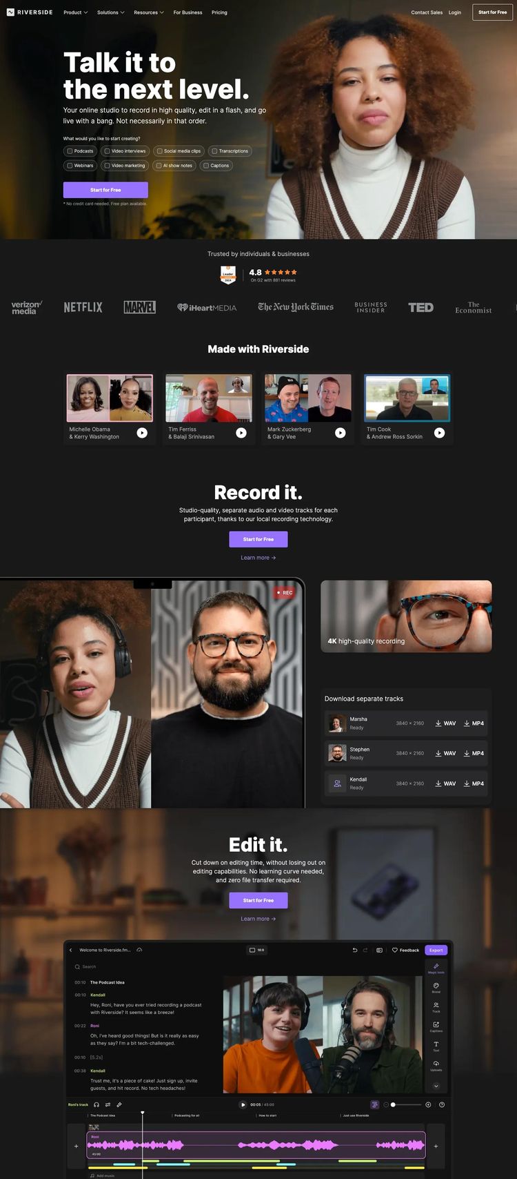 Screenshot 2 of Riverside (Example Webflow Video Editing Website)