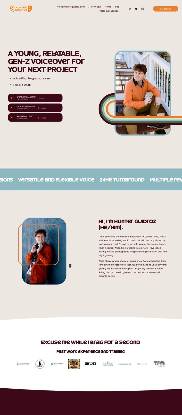 Screenshot 1 of Hunter Guidroz Voice Actor (Example Squarespace Actor/Performer Website)